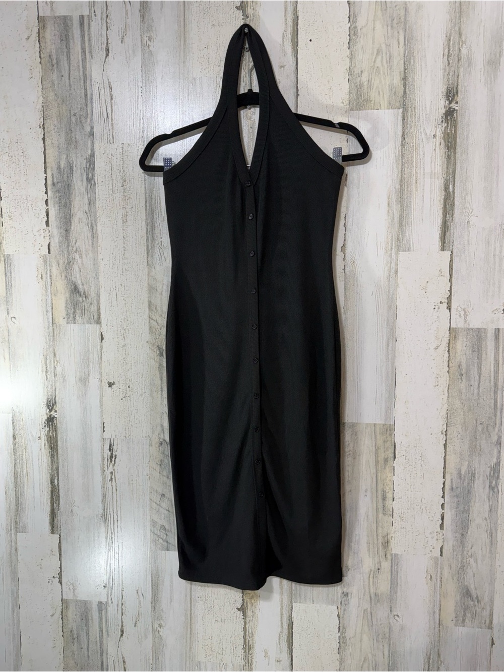 Timing Black Halter Midi Slim Fit Body Contouring Button-Front Dress NWT